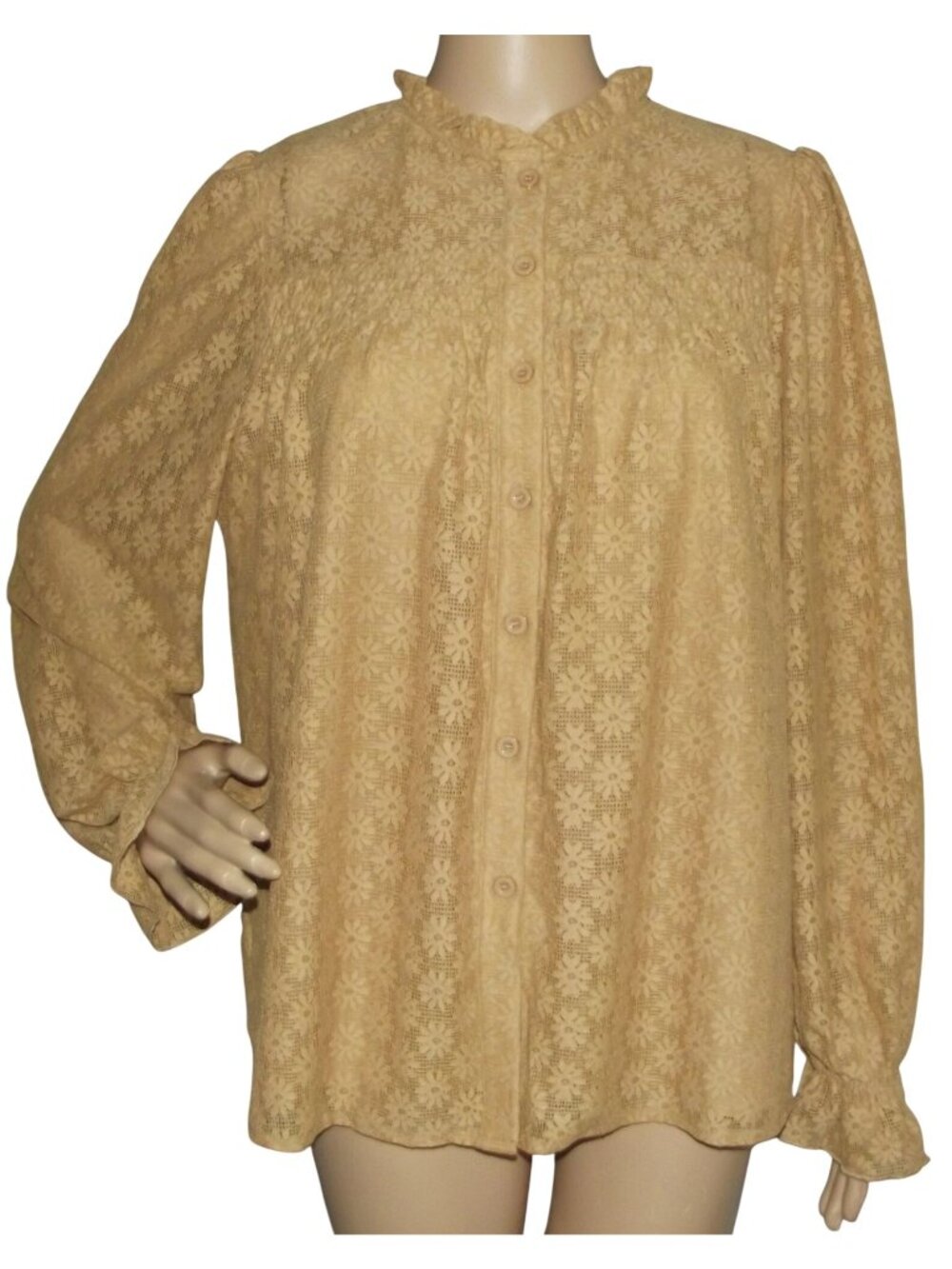 Pretty Garden Blouse Womens Size Large Mustard Gold button up long sleeve shirt